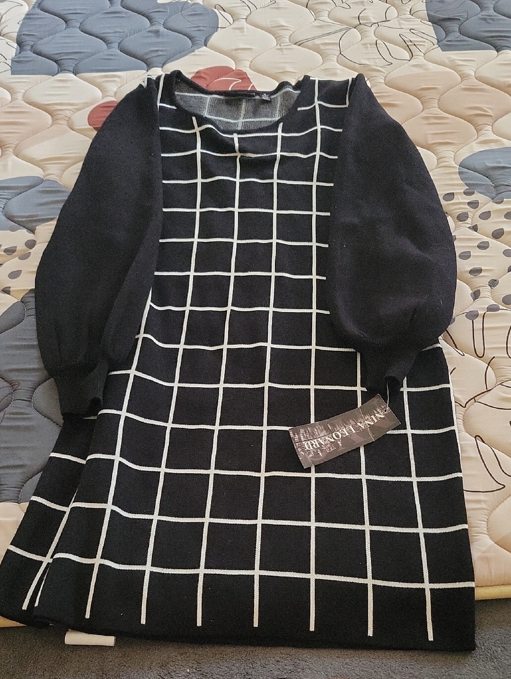 Black Grid Knit Kids Dress with Puff Sleeves